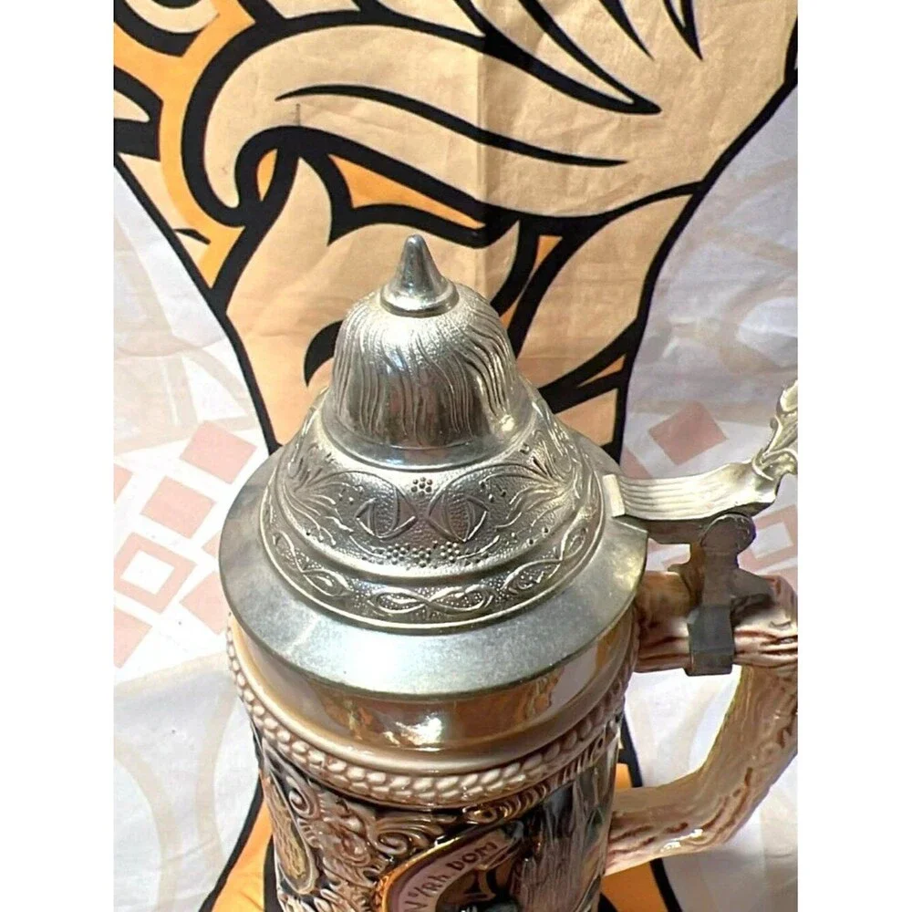 Vintage West German GERZ Lidded Beer Stein – German Cities Relief – Pewter Lid –